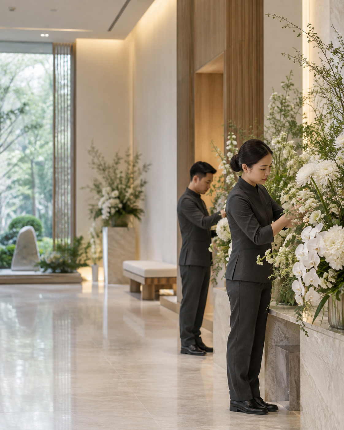 Đội ngũ chuẩn bị hoa cho không gian tưởng niệm